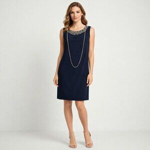 R&M Richards Sleeveless Dress W Metallic Embelishment Neckline Navy Blue Size 10